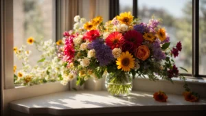 a vibrant bouquet of mixed flowers sits beside a sunlit window, ready for delivery.
