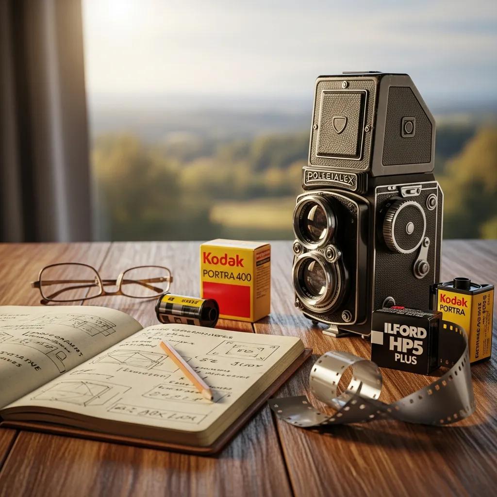 Vintage film camera with film rolls and photography notes on a wooden table