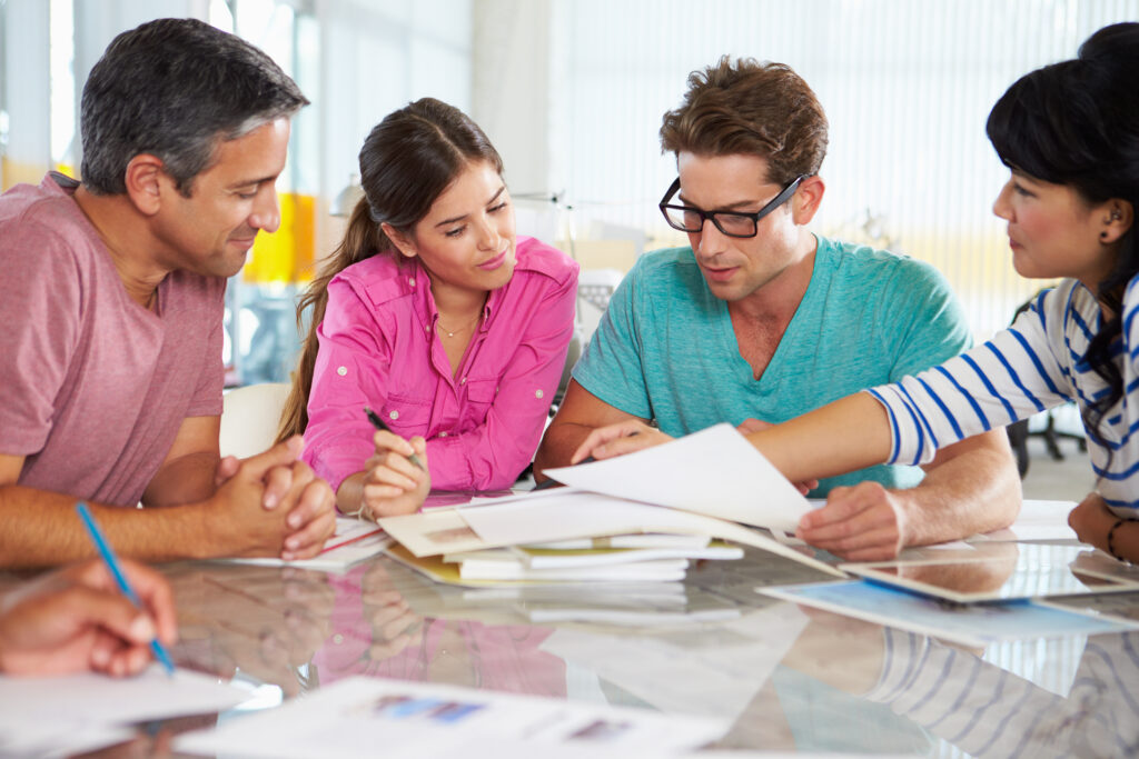 a group of people studying