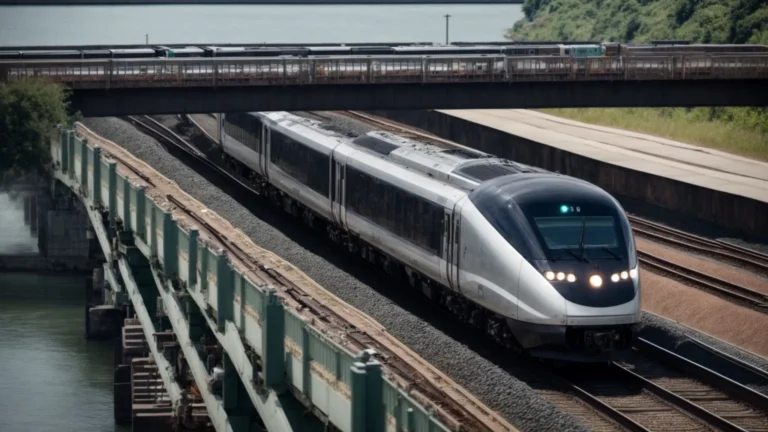 a modern train speeds across a bridge, symbolizing the advanced connectivity enabled by the digi tx64 rail router in rail networks.